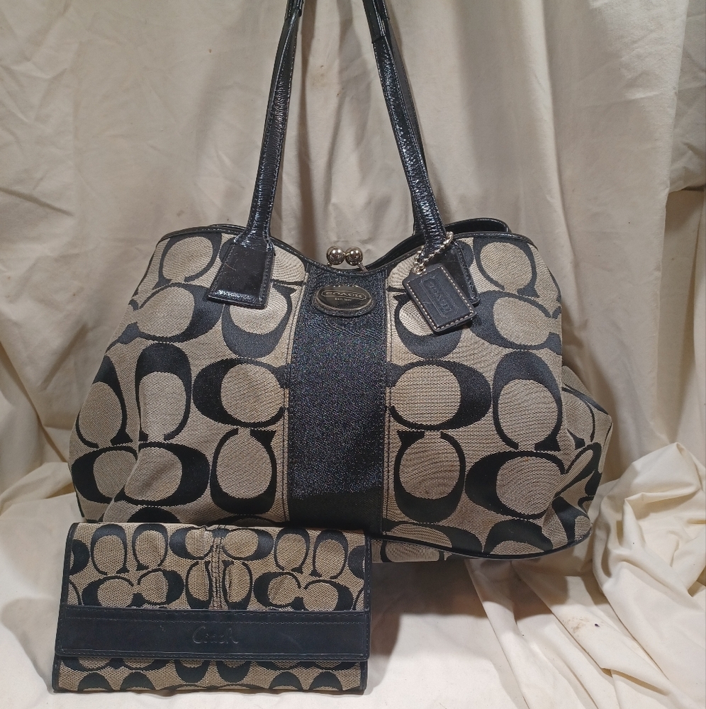 Coach Black Signature Stripe C Kisslock Carryall With Wallet